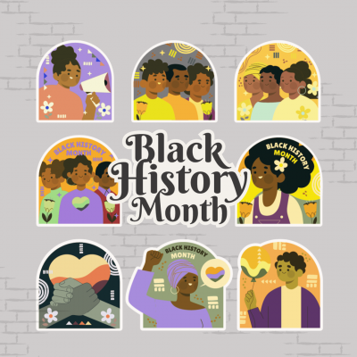 Graphic shows a building with illustrations of people within each window. Text on the graphic reads Black History Month