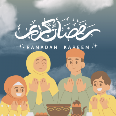 Graphic shows a family with text above them reading Ramadan Kareem