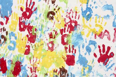 painted handprints on white canvas